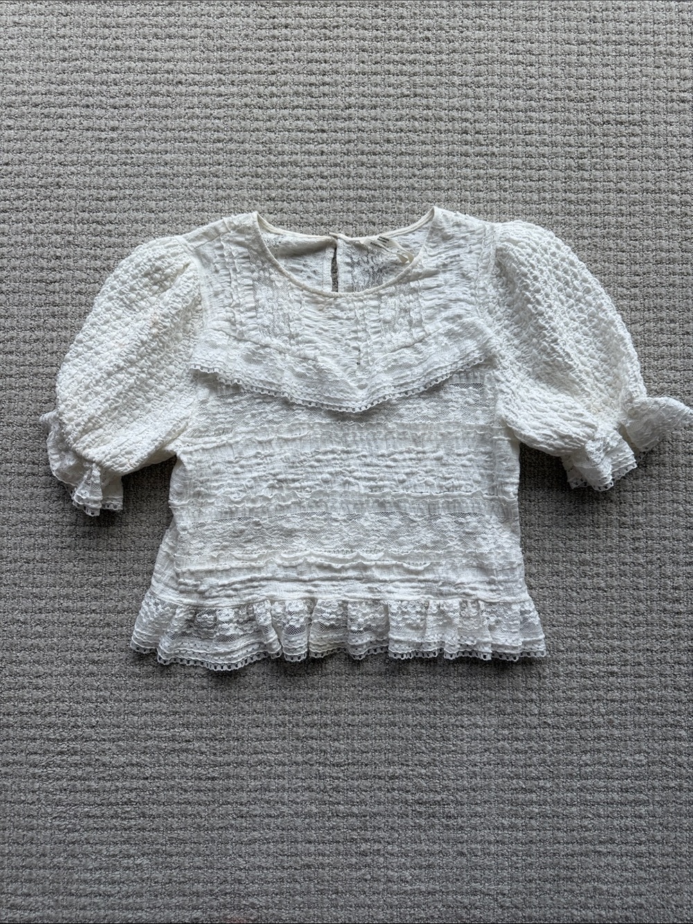 Anthropologie White Lace Puff Sleeve Peplum Top